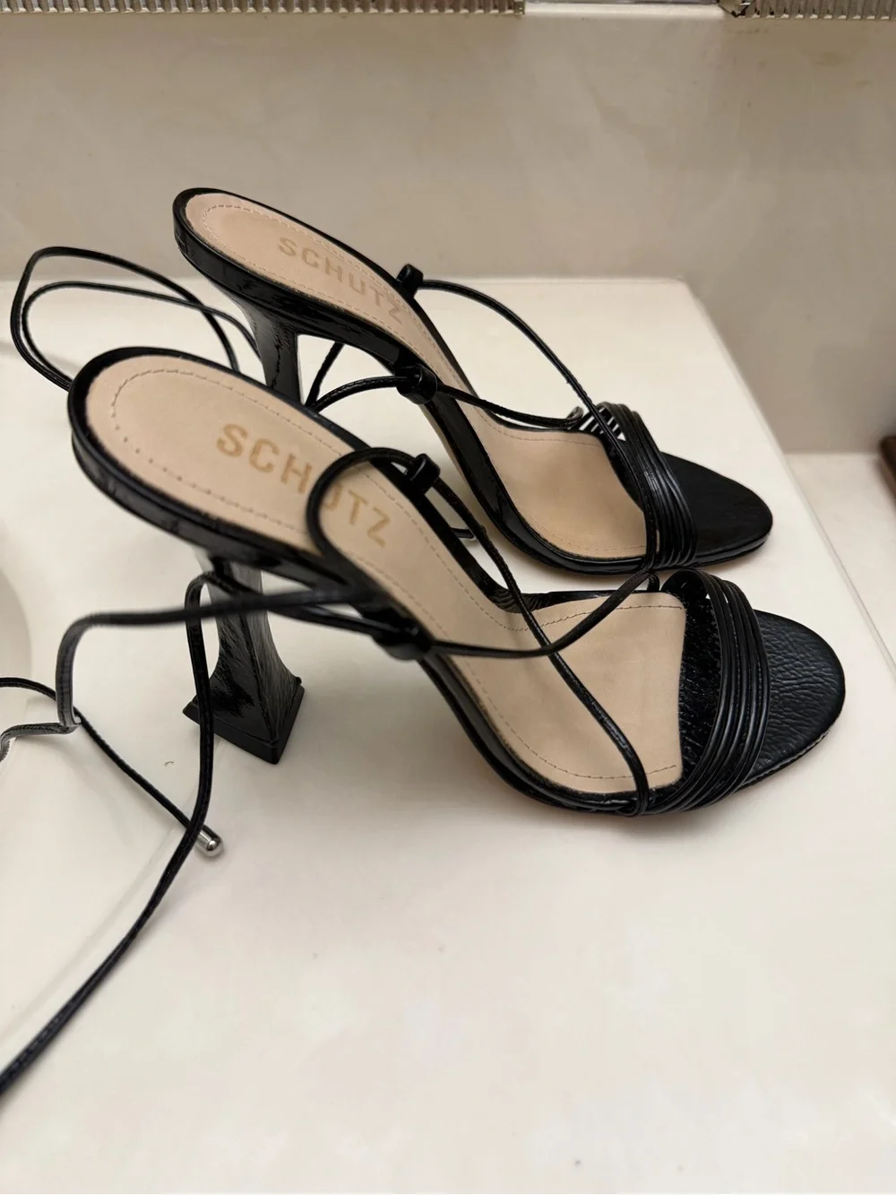 SCHUTZ Black Patent Strappy Lace-Up High Heel Sandal